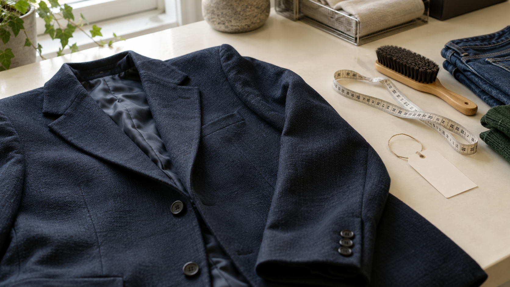 Wool jacket with measuring tape and garment-care tools